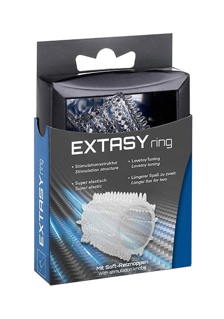 EXTASYring mit Stimulationstruktur, super elastisch, in geöffneter Verpackung.