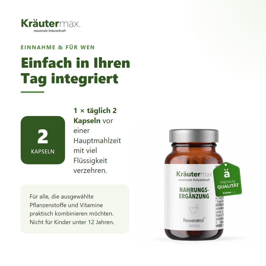 Anwendungshinweise für Kräutermax Resveratrol plus Kapseln und Produktflasche.