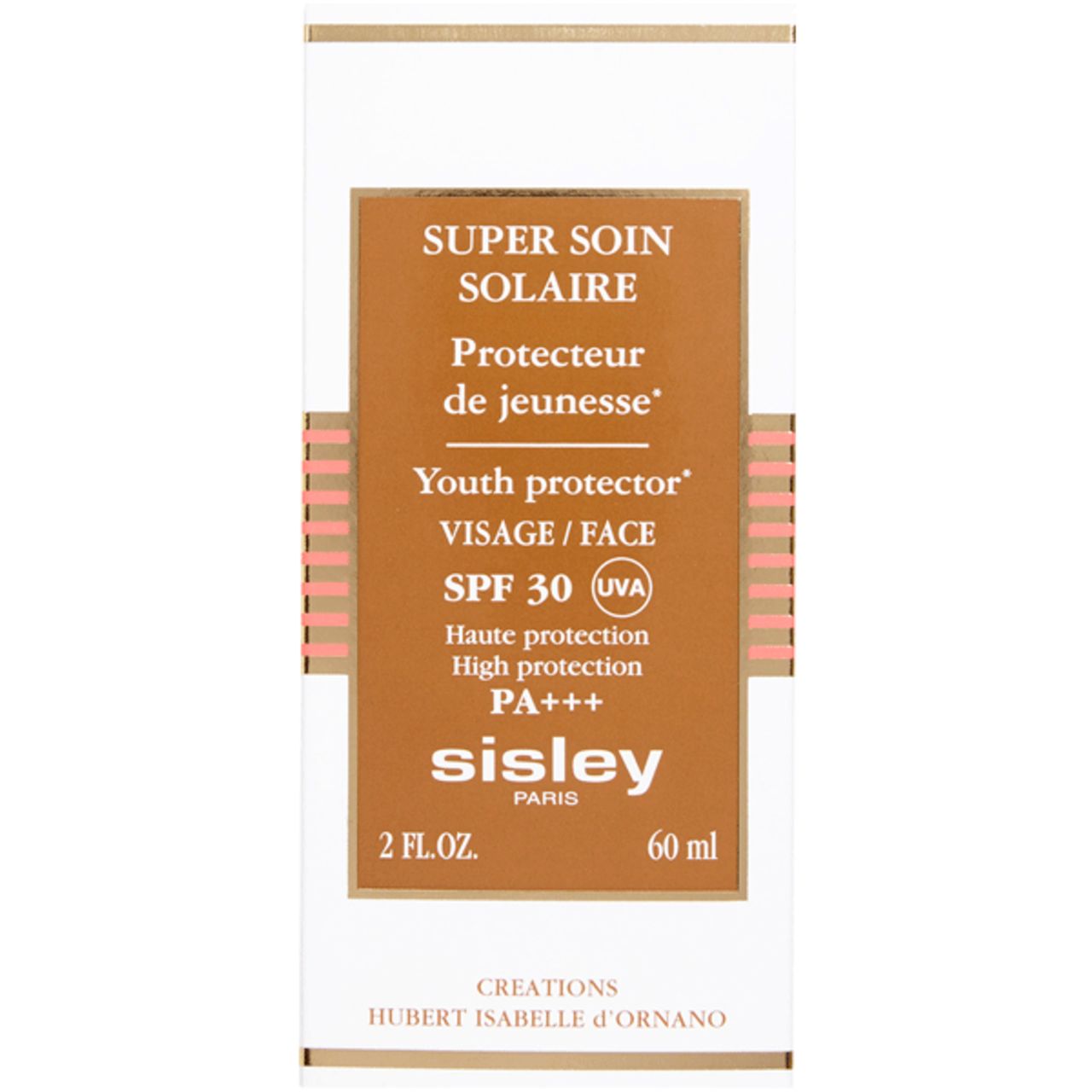 Weiße Verpackung mit braunem Etikett. Text: Super Soin Solaire, SPF 30, Sisley Paris. 60 ml.