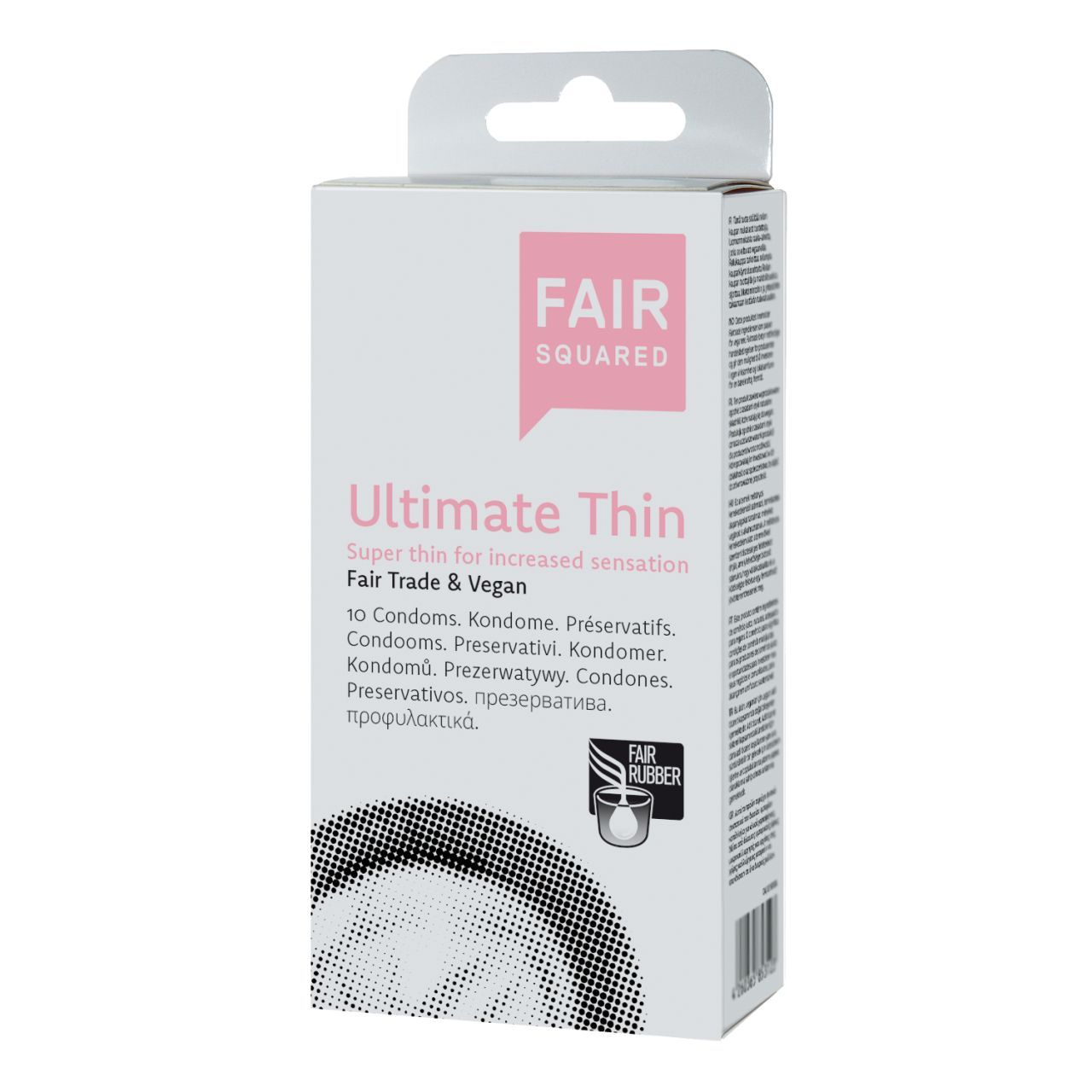 Verpackung von Fair Squared Ultimate Thin. Rosa Logo, Produktname und Text. 10 Kondome. Fair Trade & Vegan. Fair Rubber Siegel.
