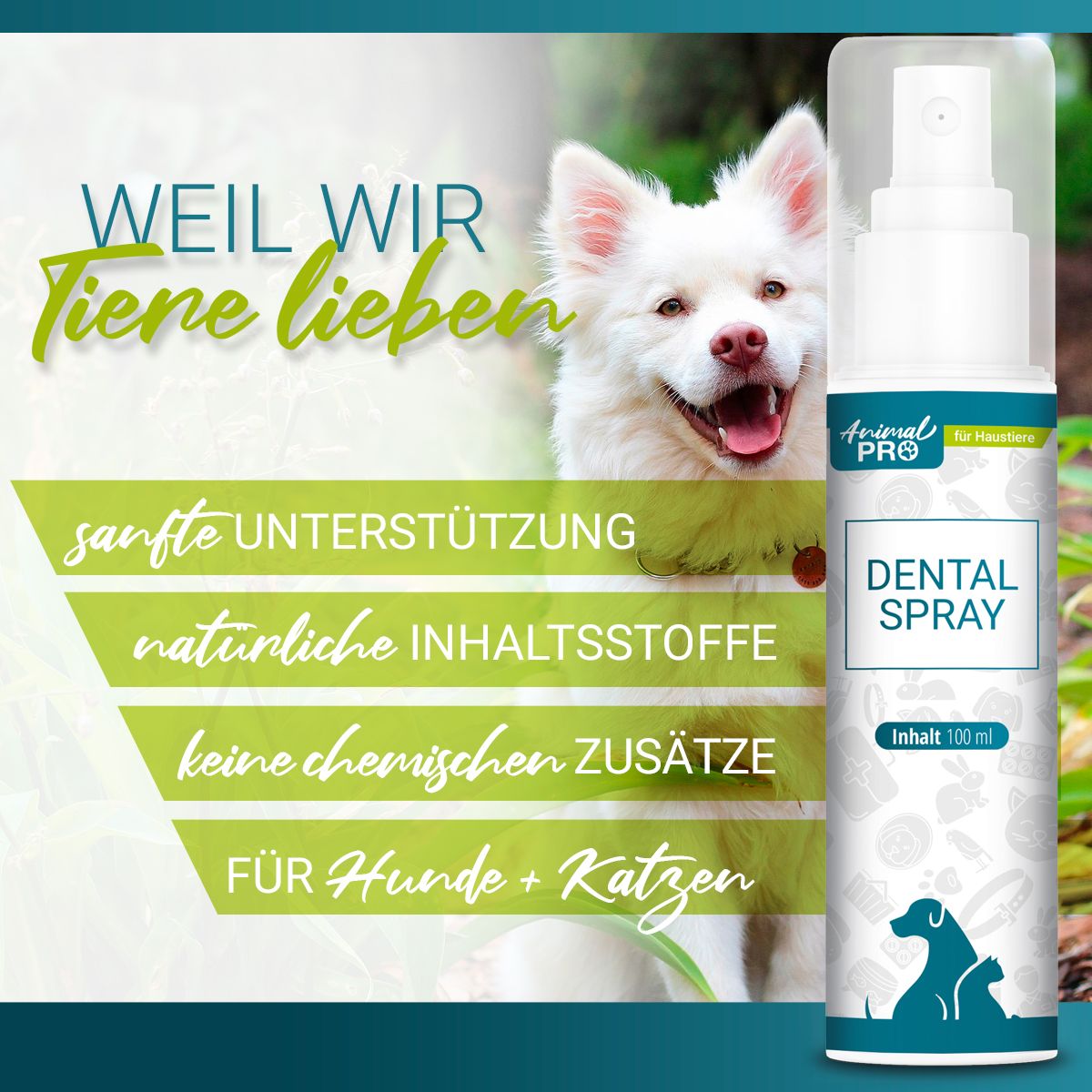 Weißer Hund mit Sprühflasche. Text: Sanfte Unterstützung, natürliche Inhaltsstoffe, keine chemischen Zusätze. Logo: Animal Pro.