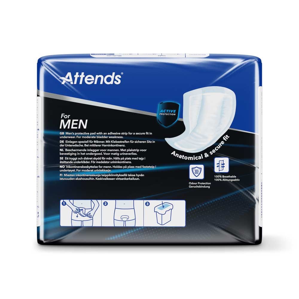 Rückseite der Attends For Men 4 Packung. Blaue Verpackung mit Produktinformationen und Illustrationen. Anatomisch geformt.