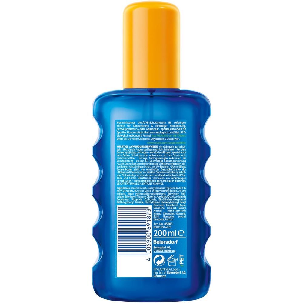 Rückseite einer blauen Flasche mit gelbem Deckel. Textinformationen und Barcode. 200ml. Beiersdorf Logo.