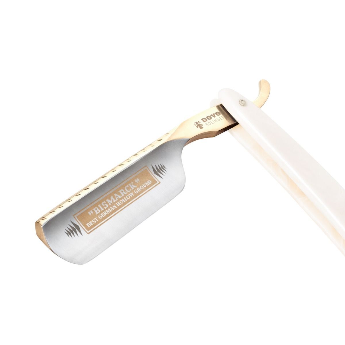 Rasiermesser mit weißem Griff und goldfarbener Klinge. DOVO-Logo und Schriftzug auf der Klinge. Geöffnet.