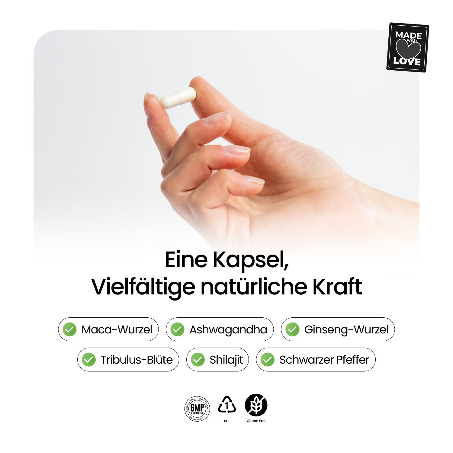 Hand hält eine Kapsel. Text: Eine Kapsel, vielfältige natürliche Kraft. Inhaltsstoffe mit grünen Häkchen.