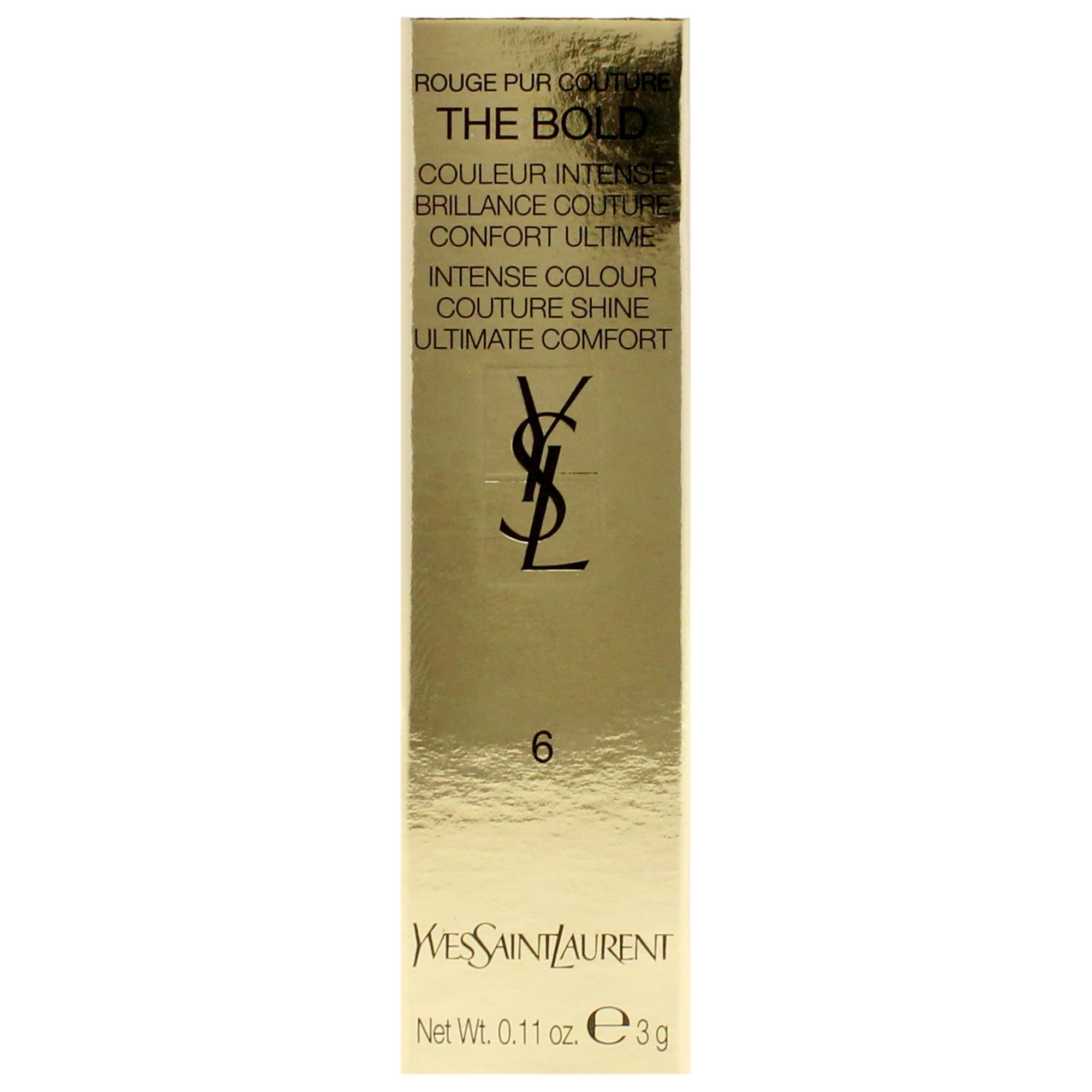 Goldene Verpackung für Yves Saint Laurent Lippenstift. Produktname und Farbnummer 6 sind sichtbar.