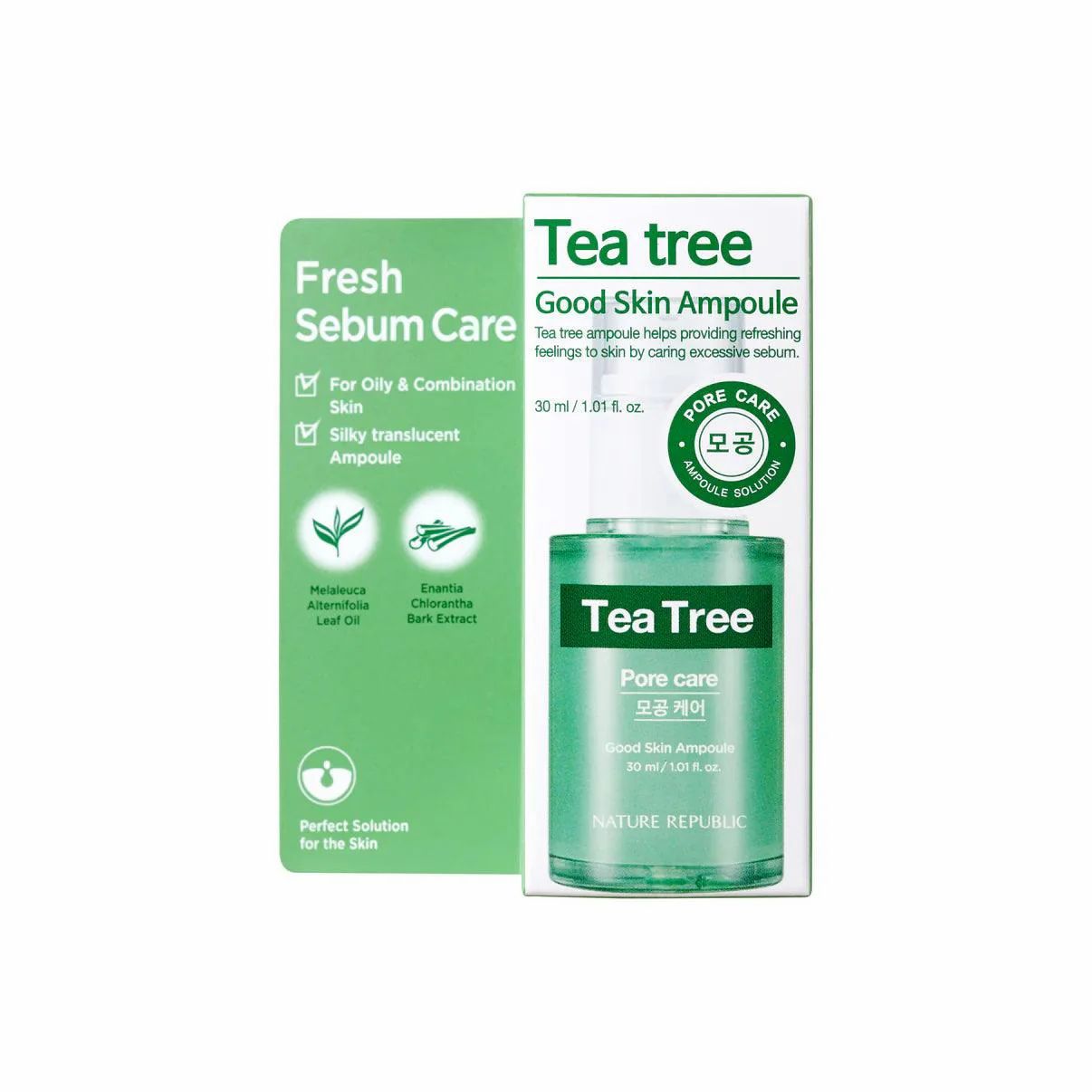 Verpackung mit Flasche. Aufschrift: Tea tree, Good Skin Ampoule, Pore care. Inhaltsstoffe: Teebaumblattöl, Eukalyptus.