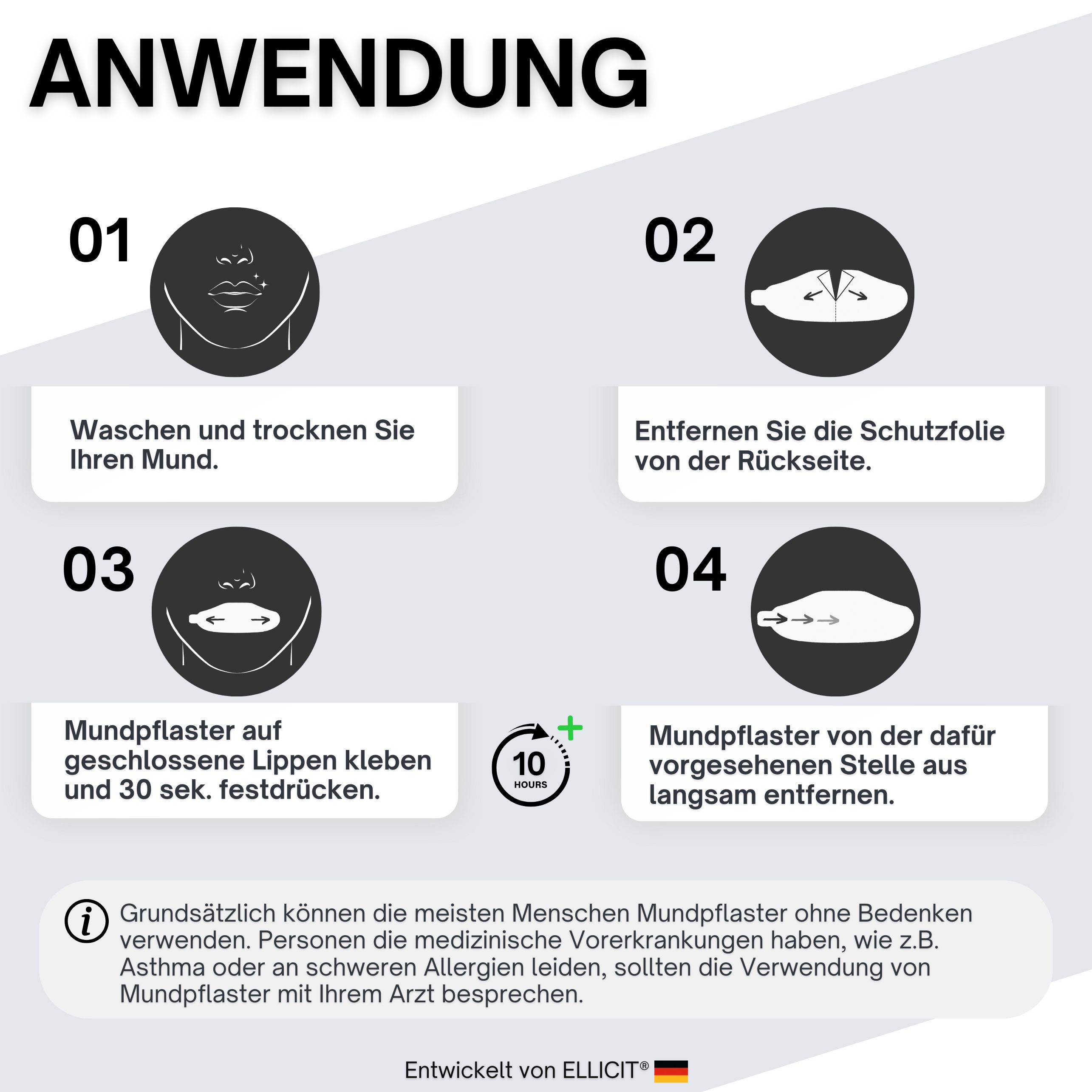 Anwendung: 4 Schritte. Waschen, trocknen. Schutzfolie entfernen. Auf Lippen kleben. Langsam entfernen. 10 Stunden.