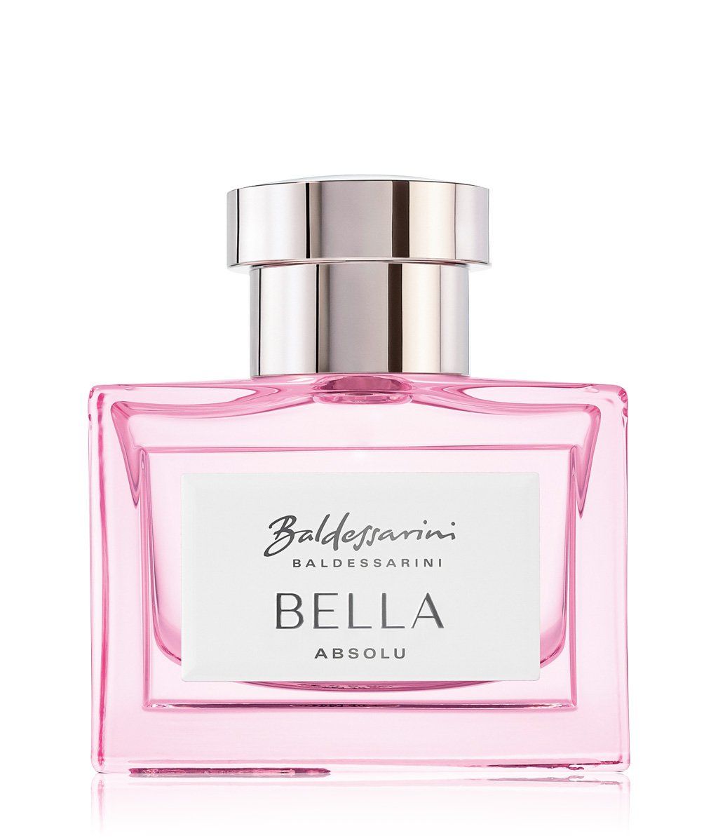 Baldessarini Bella Absolue EdP Nat. Spray. Rechteckiger Flakon, rosa Flüssigkeit, silberner Verschluss. Aufschrift: Baldessarini, Bella Absolu.