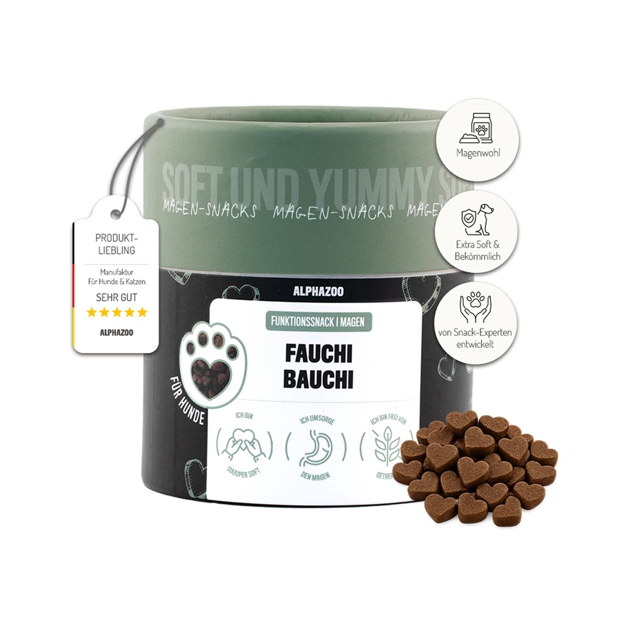 Zylindrischer Behälter mit Hundesnacks. Aufschrift: alphazoo, Funktion-Snack I Agilität. Etikett mit Bewertung. Herzförmige Snacks daneben.