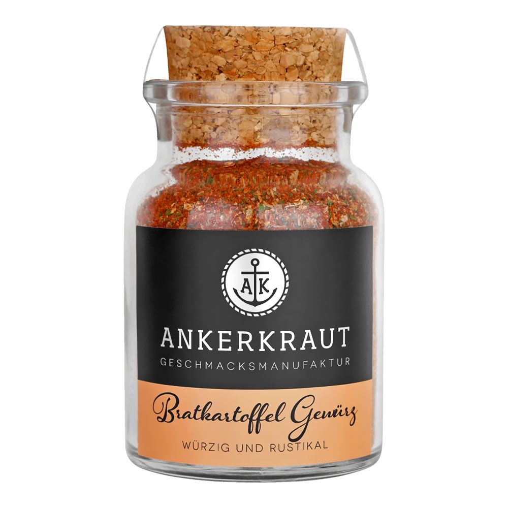 Glas mit Bratkartoffel Gewürz, Korkenverschluss. Schwarzes Etikett mit weißem Logo und Schriftzug ANKERKRAUT. Aufschrift: Bratkartoffel Gewürz.