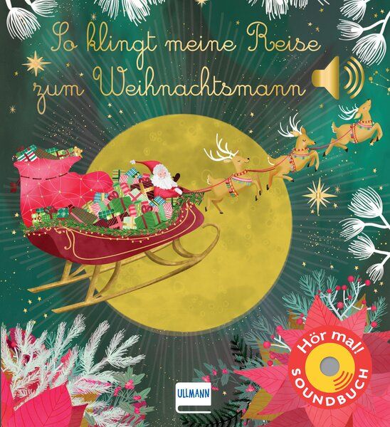 Buchcover mit Titel "So klingt meine Reise zum Weihnachtsmann". Illustration: Weihnachtsmann im Schlitten, Mond, Sterne.