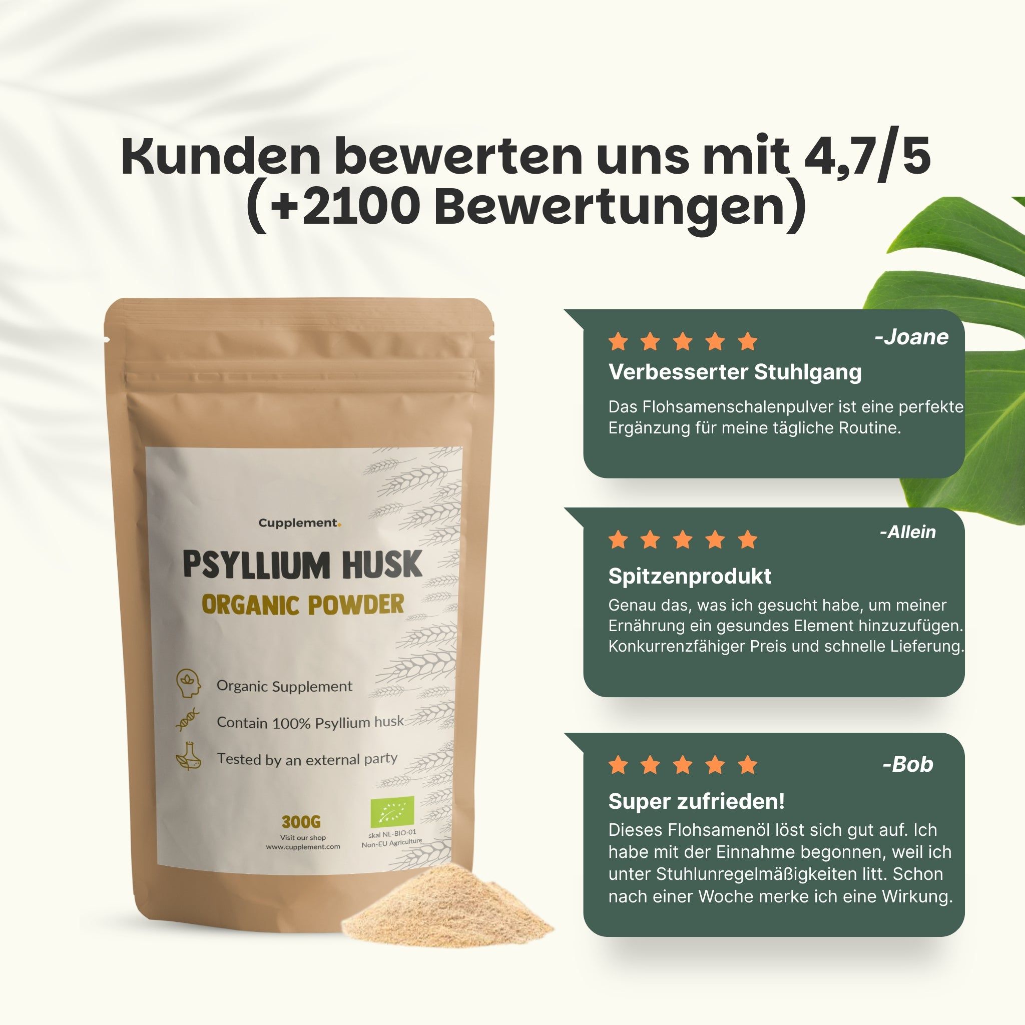 Beutel mit Psyllium Husk. Text: Kunden bewerten uns mit 4,7/5, verbesserter Stuhlgang.