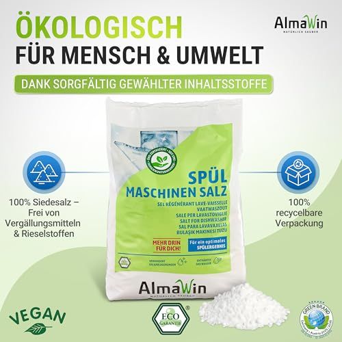 AlmaWin Spülmaschinen Salz: Ökologisch, vegan, 100% recycelbare Verpackung.