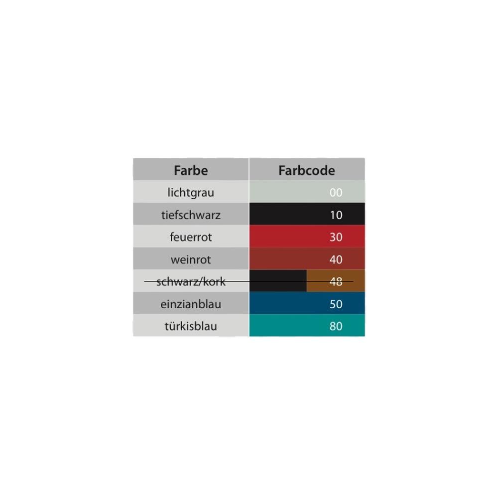 Farbtabelle mit Farbnamen und -codes. Farben: hellgrau, tiefschwarz, feuerrot, weinrot, schwarz/kork, enzianblau, türkisblau.