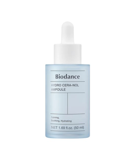 Biodance Hydro Cera-Nol Ampoule in einer blauen Glasflasche mit Pipette.