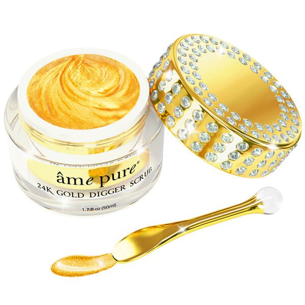 Goudkleurige scrub in een glazen pot met gouden deksel en strass. Inclusief een gouden spatel.