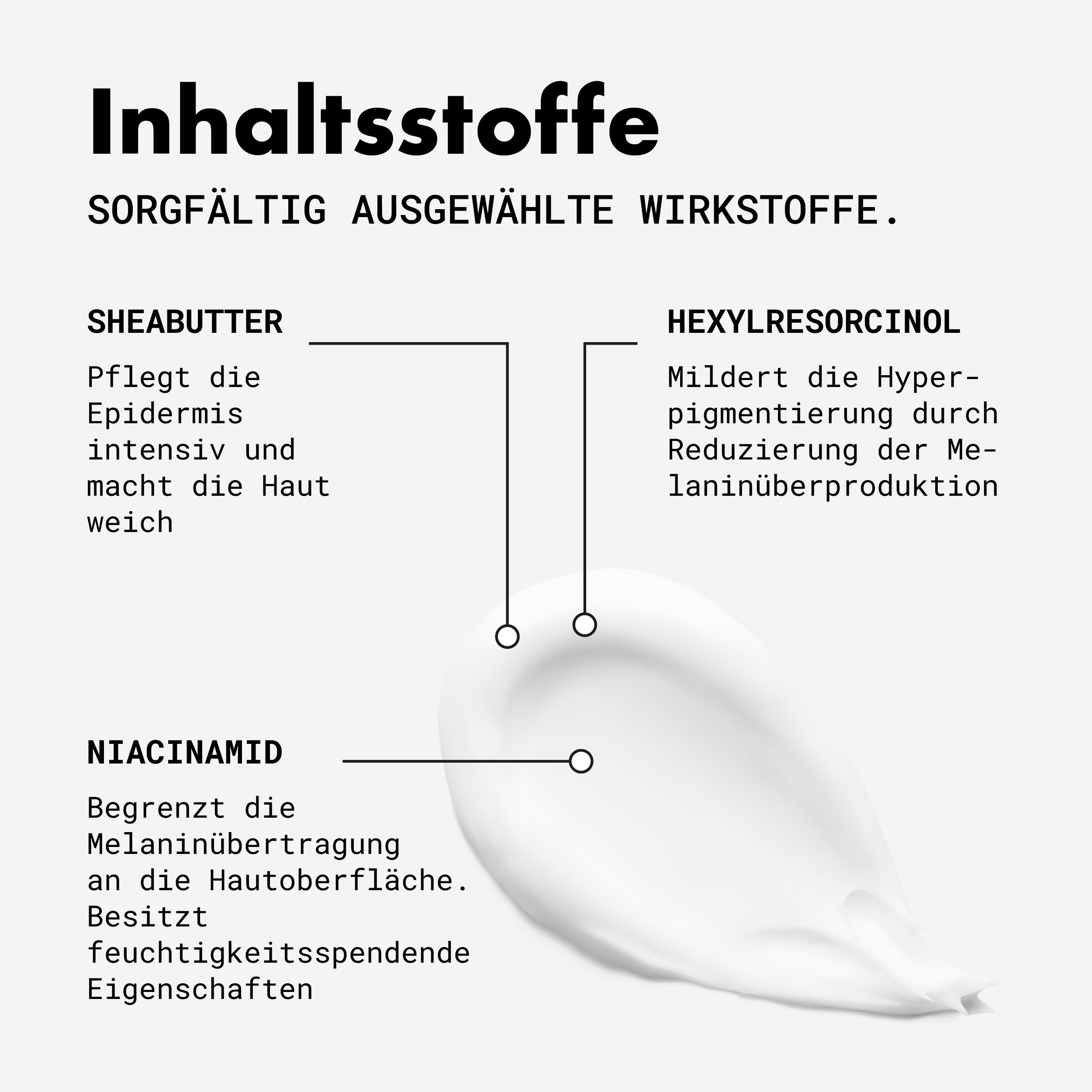 Inhaltsstoffe: Sheabutter, Hexylresorcinol, Niacinamid. Creme auf der Hand.