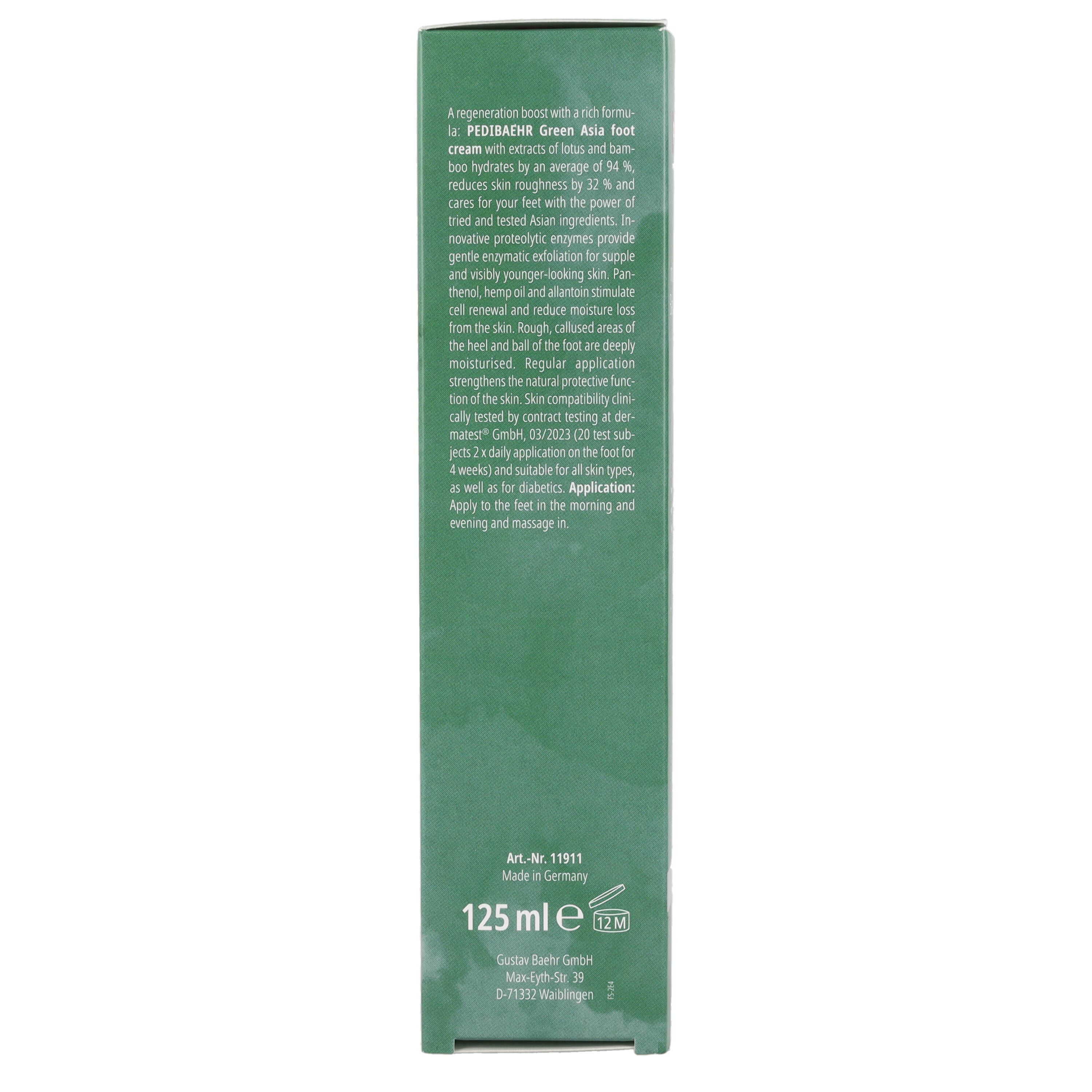 Pedibaehr Fußcreme Green Asia Karton Seite mit Anwendung und Volumen.