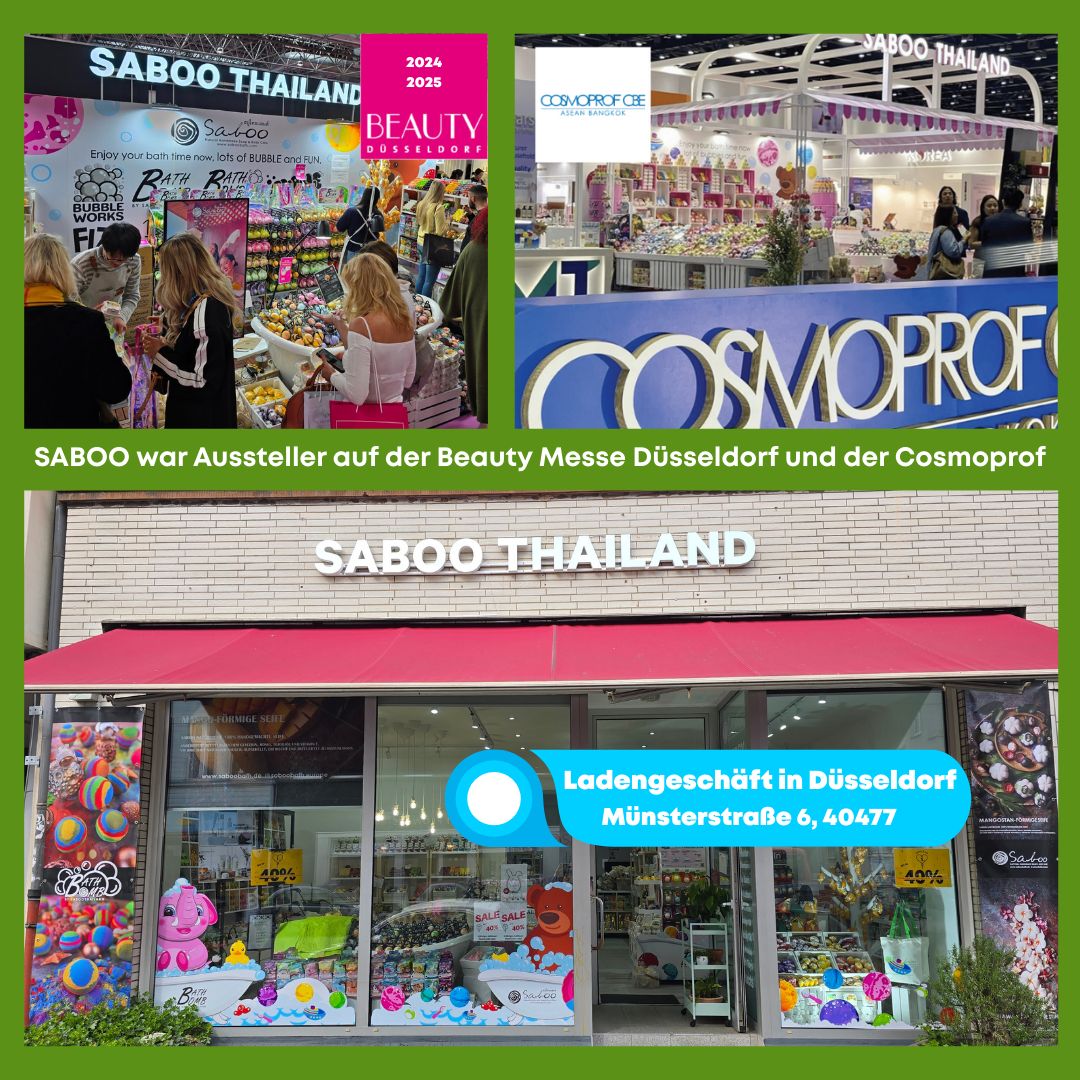 Fotos von Messen und einem Geschäft. Saboo Thailand auf der Beauty Messe Düsseldorf und Cosmoprof. Laden in Düsseldorf.