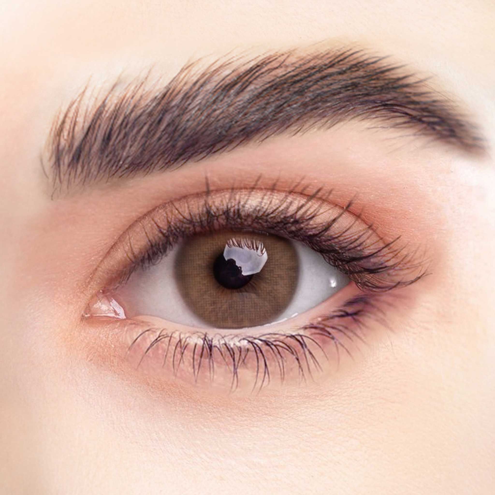 Nahaufnahme eines Auges mit brauner Kontaktlinse. Die Iris ist braun, die Pupille schwarz. Lange Wimpern.