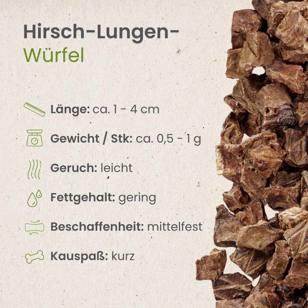 Hirsch-Lungen-Würfel, 1-4 cm Länge, 0,5-1g pro Stück, geringer Fettgehalt.