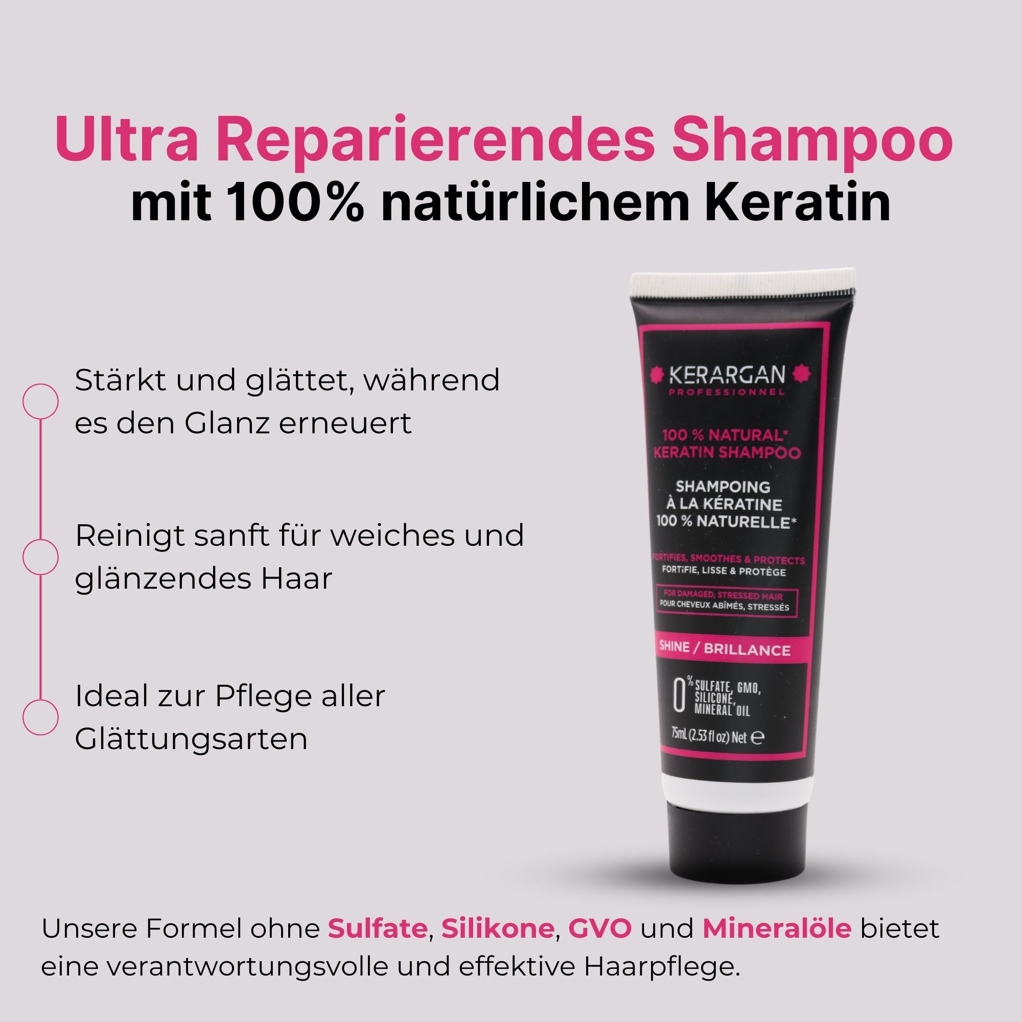 Kerargan Shampoo-Tube. Produktabbildung mit Text. Enthält Informationen zur Anwendung und Inhaltsstoffen.