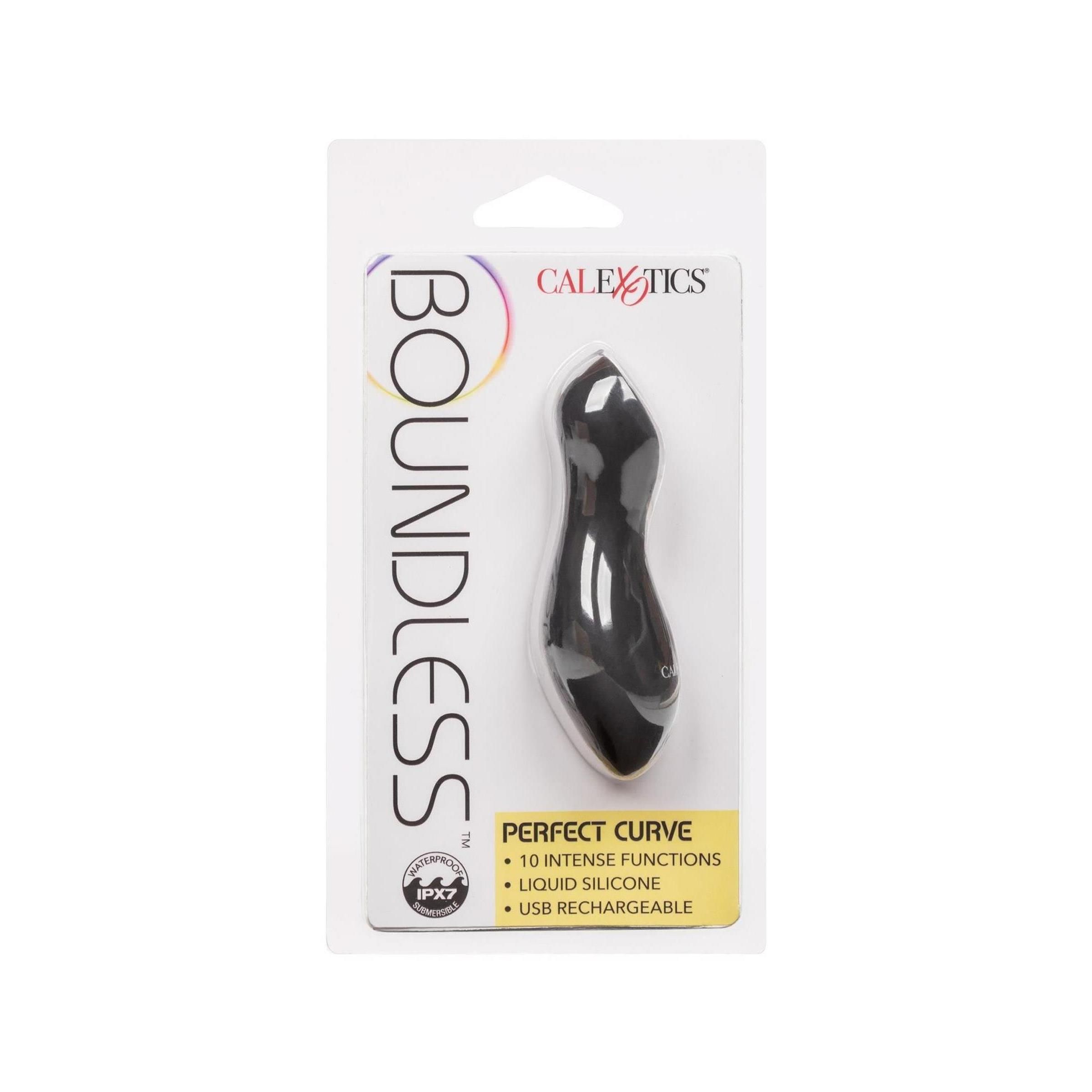 Verpackung mit schwarzem Wellness-Produkt. Produktname: PERFECT CURVE. Marke: CALEXOTICS. Merkmale: 10 Funktionen, Silikon, USB.
