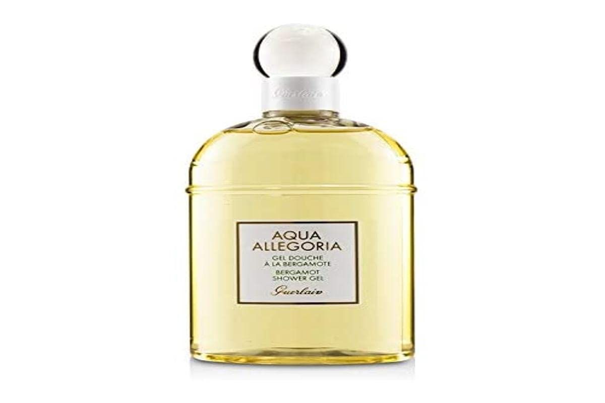 Gel Douche Aqua Allegoria Bergamote. Transparente Flasche mit weißem Verschluss. Weißes Etikett mit Produktnamen und Logo.