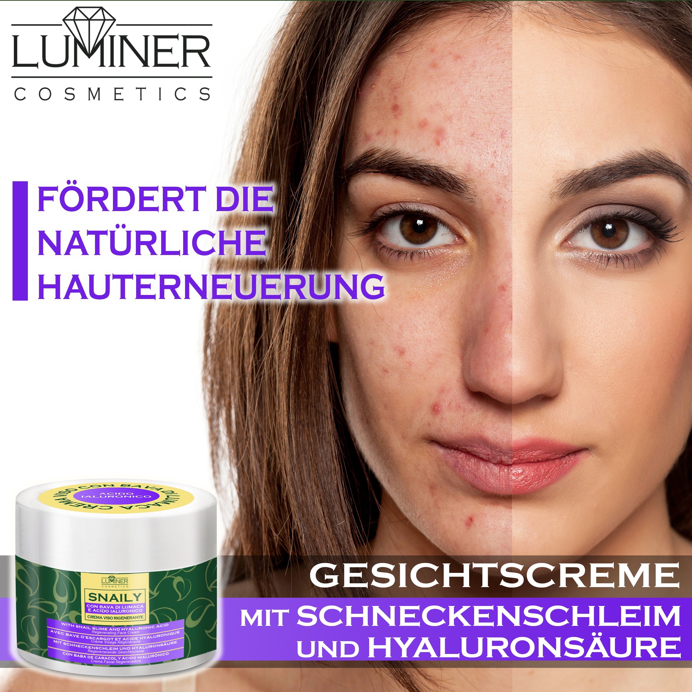 Gesichtscreme-Tiegel mit Schneckenschleim und Hyaluronsäure, mit Blättern.