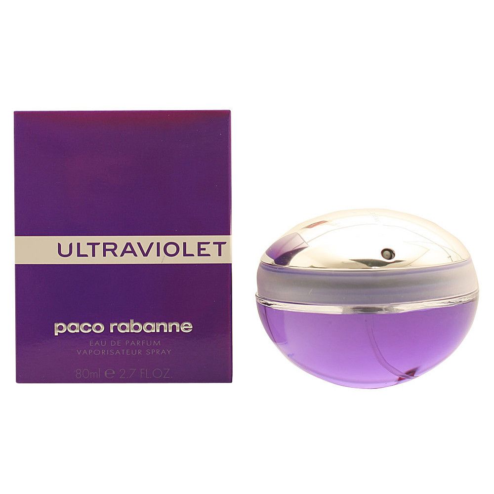 Violette Flasche und Schachtel. Auf der Schachtel steht "ULTRAVIOLET" und "paco rabanne". Die Flasche ist rund.