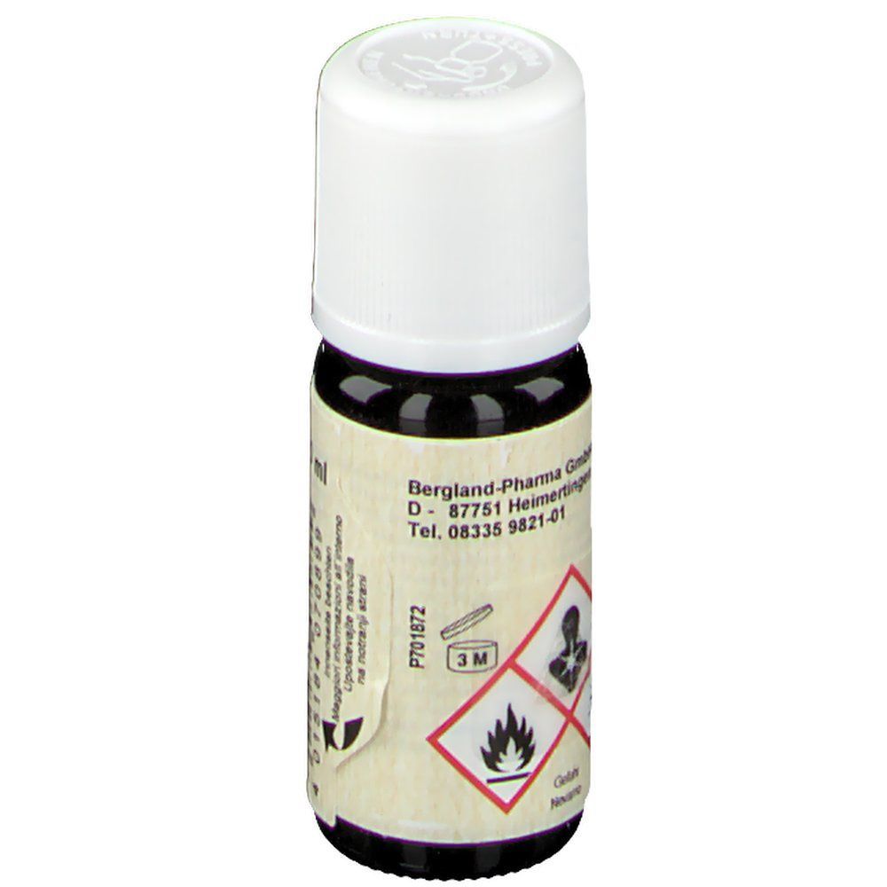Braune Glasflasche mit weißem Deckel. Etikett mit Text und Gefahrensymbolen. Aufschrift: Bergland-Pharma.