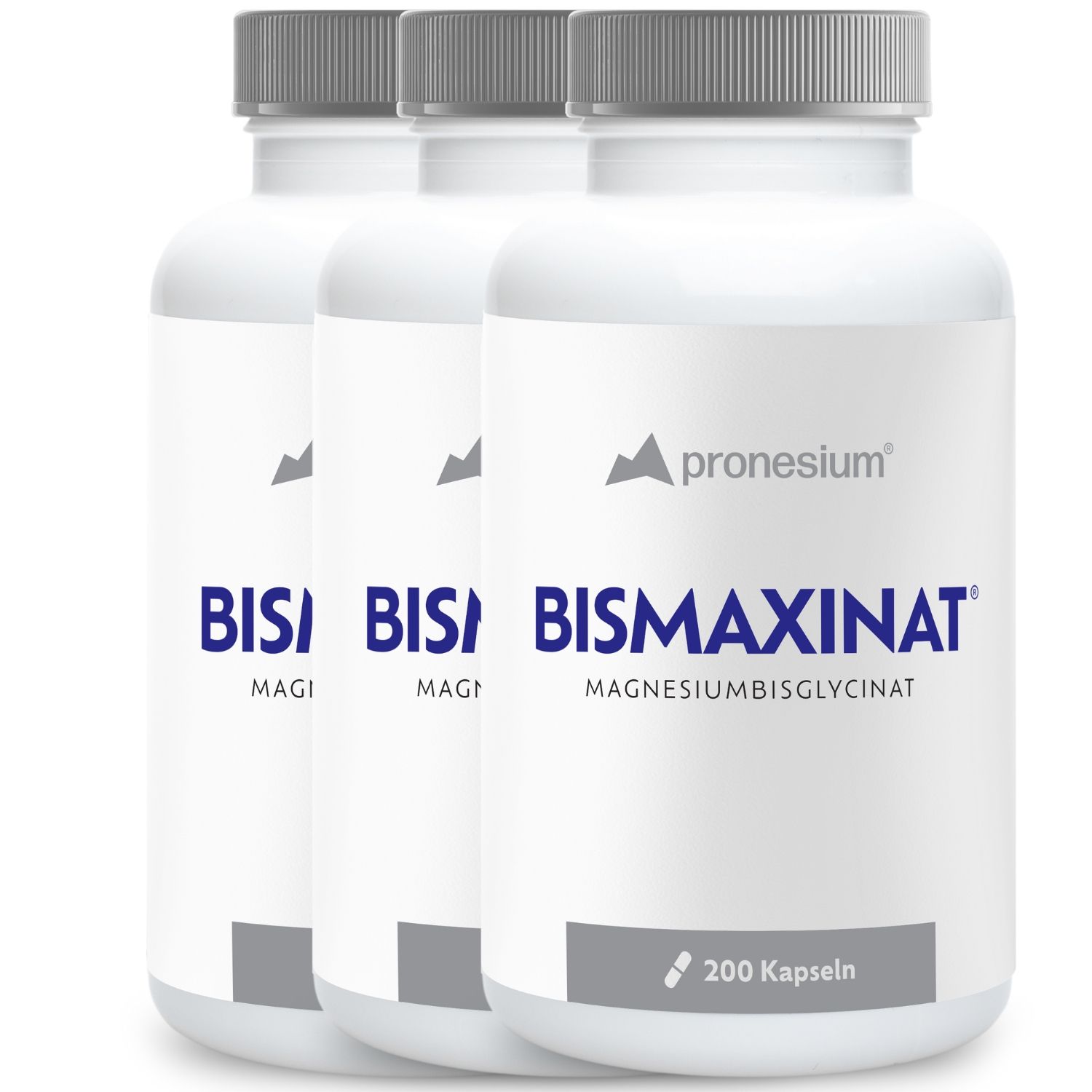 Drei weiße Flaschen mit grauen Deckeln. Auf jeder Flasche steht "BISMAXINAT" und "MAGNESIUMBISGLYCINAT". Unten steht "200 Kapseln".