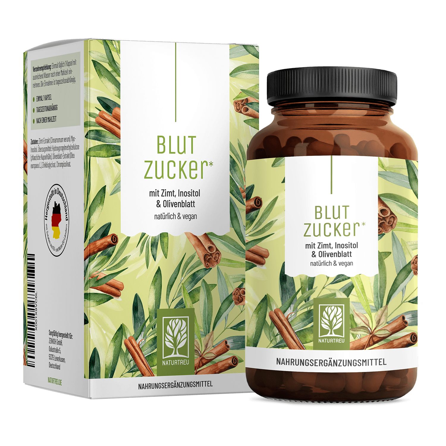 Blutzucker Komplex Kapseln und Verpackung mit Zimt- und Olivenblatt-Motiv.