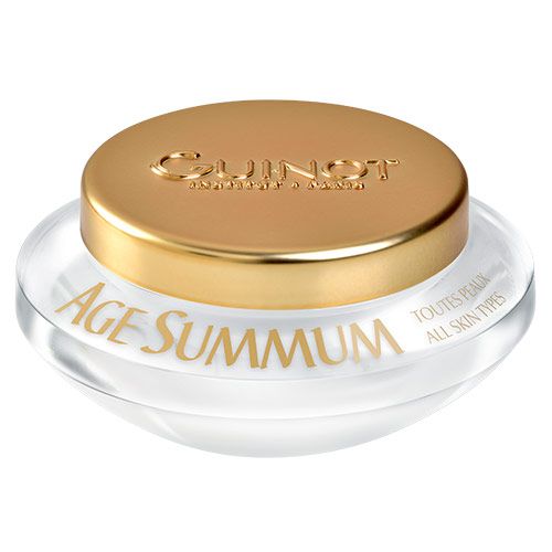 Age Summum Creme von Guinot. Glasbehälter mit goldenem Deckel. Aufschrift: Age Summum. Für alle Hauttypen.