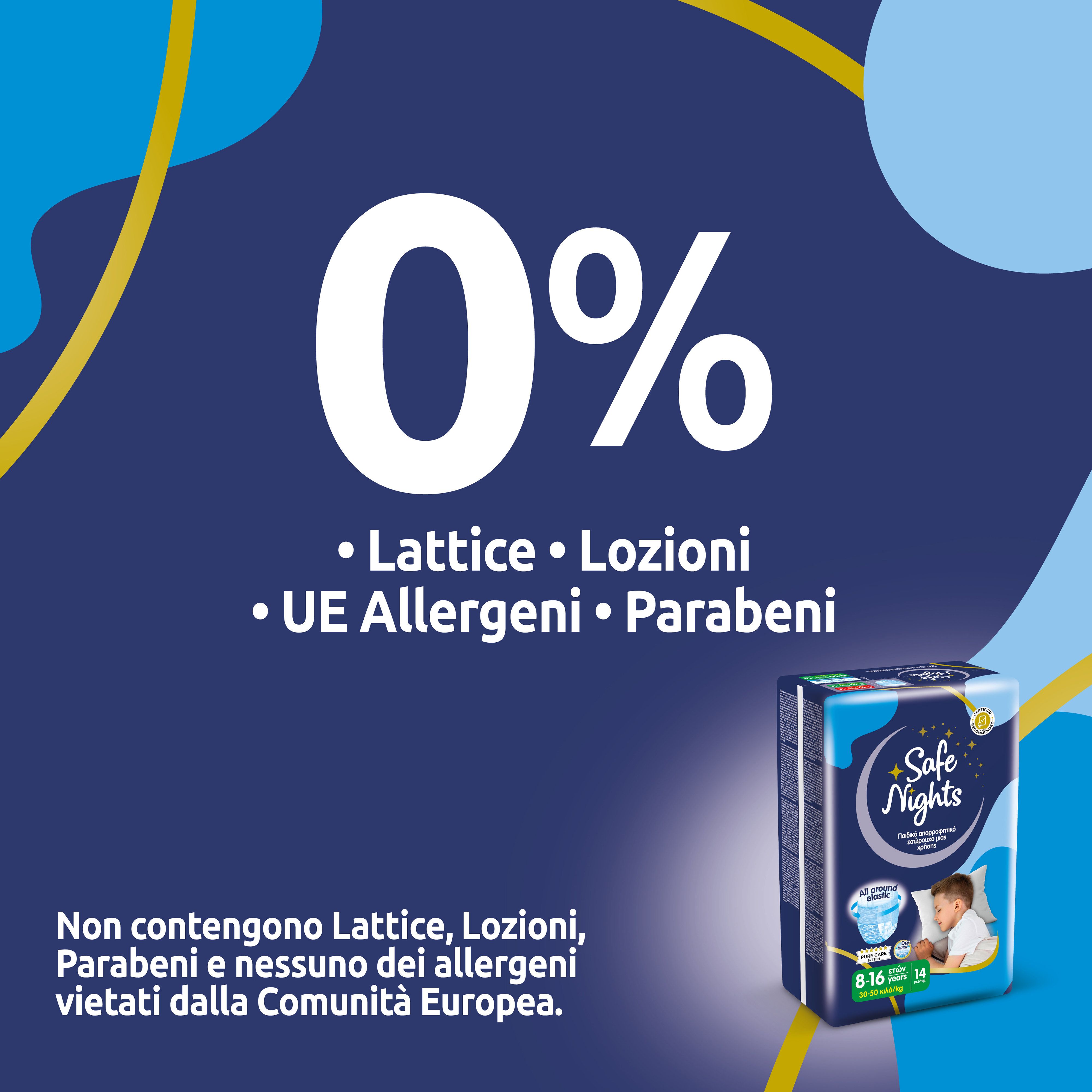 Babylino Safe Nights Boys Pants 8-16 Jahre. Frei von Latex, Lotionen, EU-Allergenen und Parabenen. Verpackung.