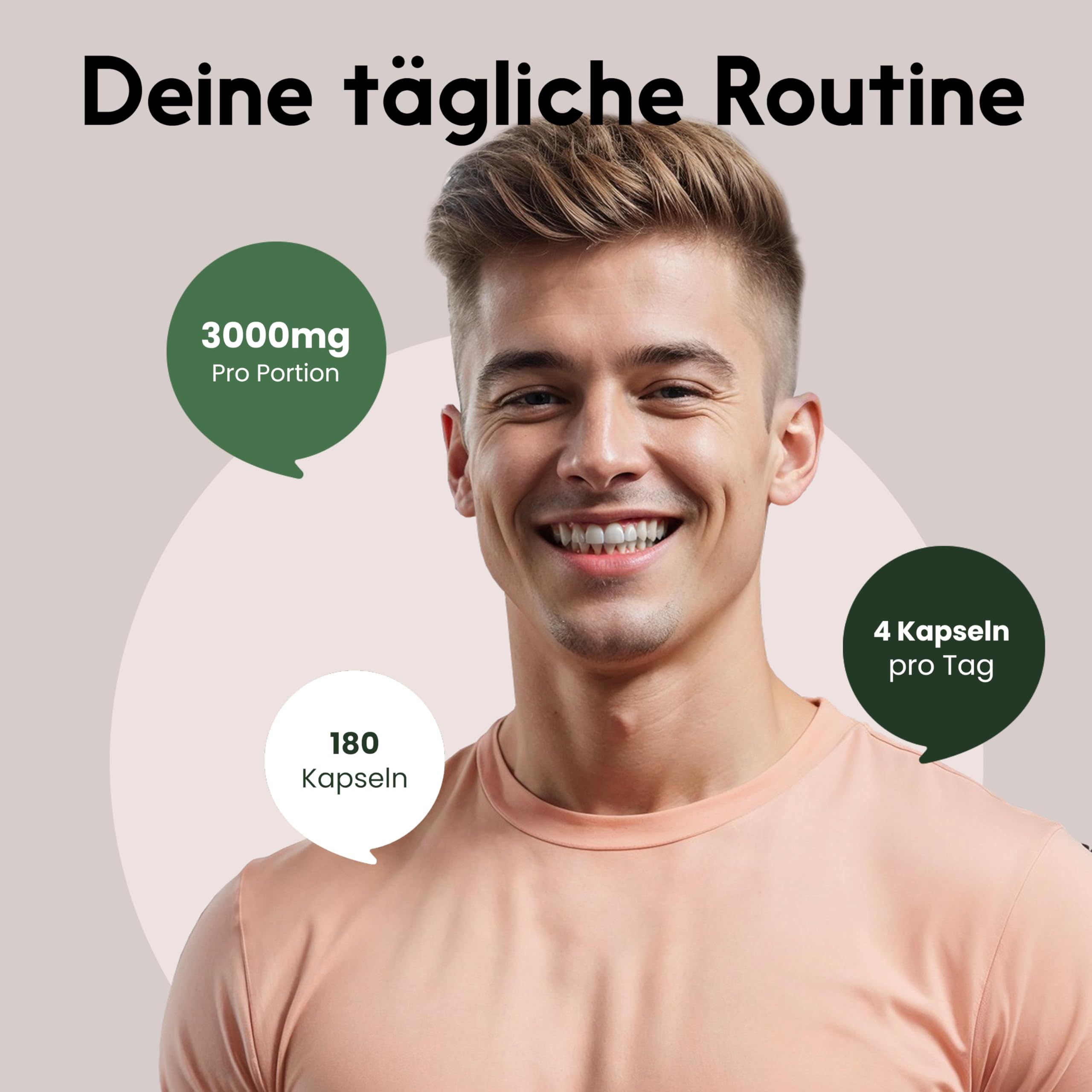 Junger Mann mit Sprechblasen. Sprechblasen mit Text: 3000mg pro Portion, 180 Kapseln, 4 Kapseln pro Tag. Hintergrund: hellrosa.
