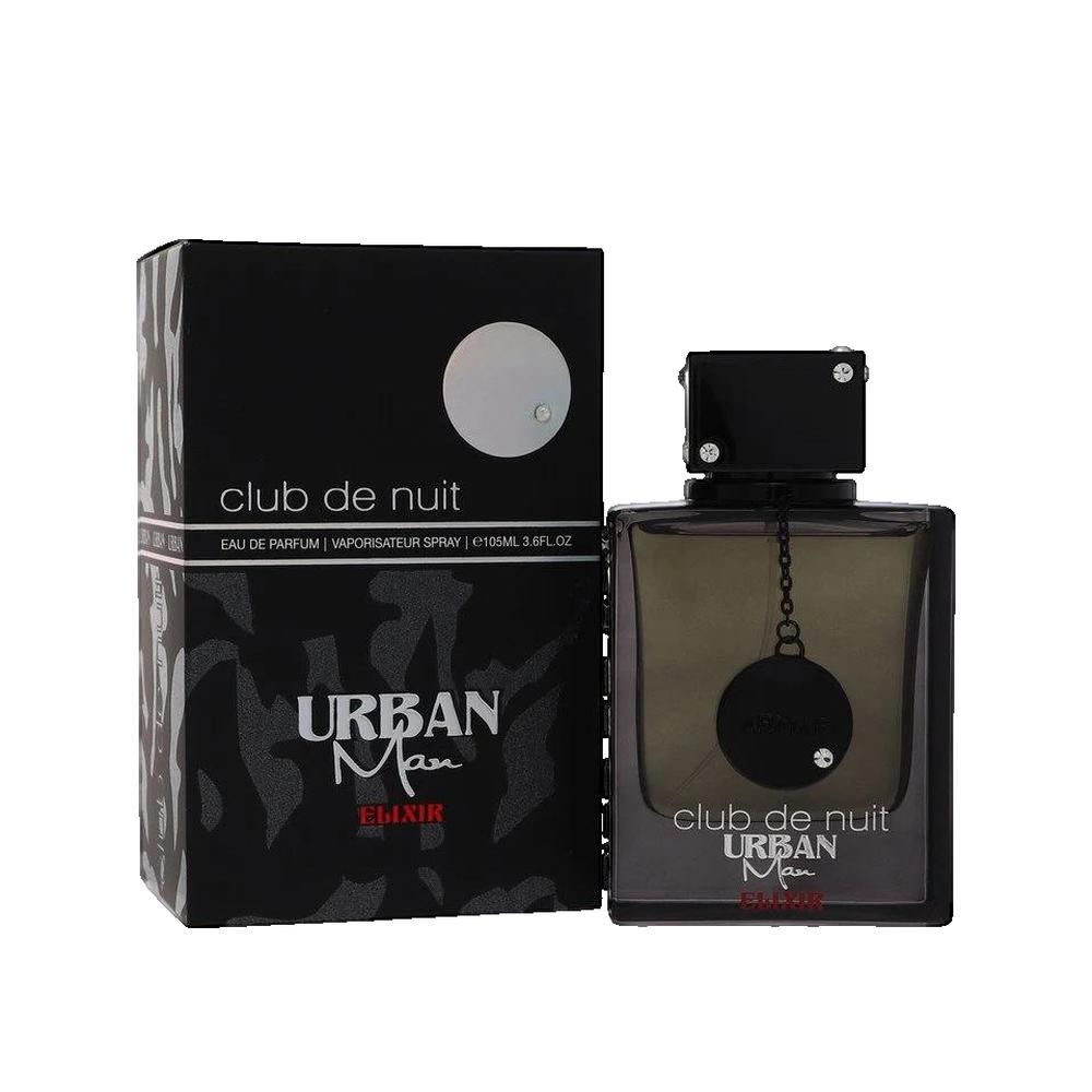 Schwarzer Flakon mit schwarzer Verpackung. Aufschrift: Club de Nuit Urban Man Elixir. Flakon mit Kette und Anhänger.