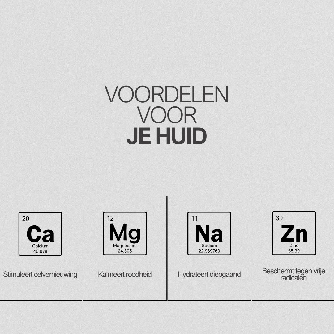 Vier vierkanten met elementen: Calcium, Magnesium, Natrium, Zink. Tekst: Celvernieuwing, kalmeert roodheid.