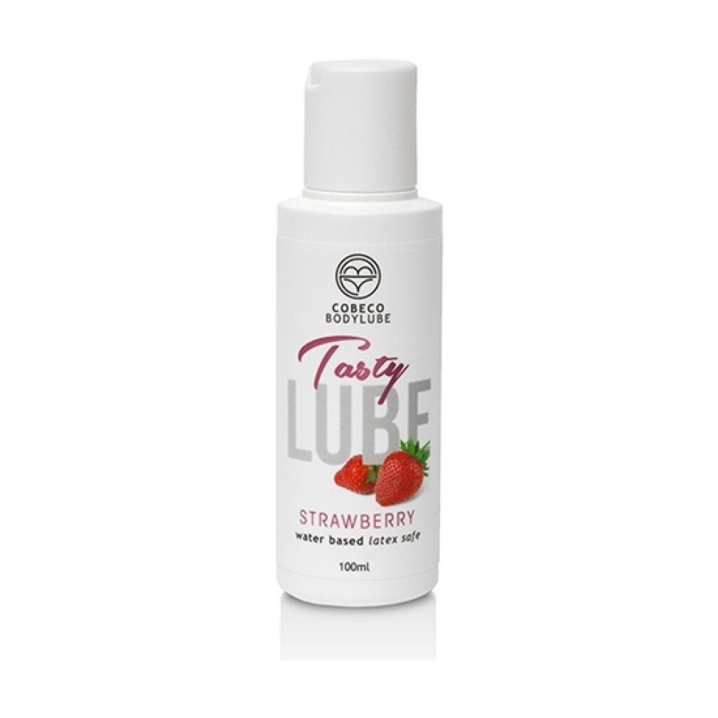 Weiße Flasche mit Klappverschluss. Aufschrift: Tasty Lube, Erdbeere, wasserbasiert, latexfrei. Logo: Cobeco Bodylube.