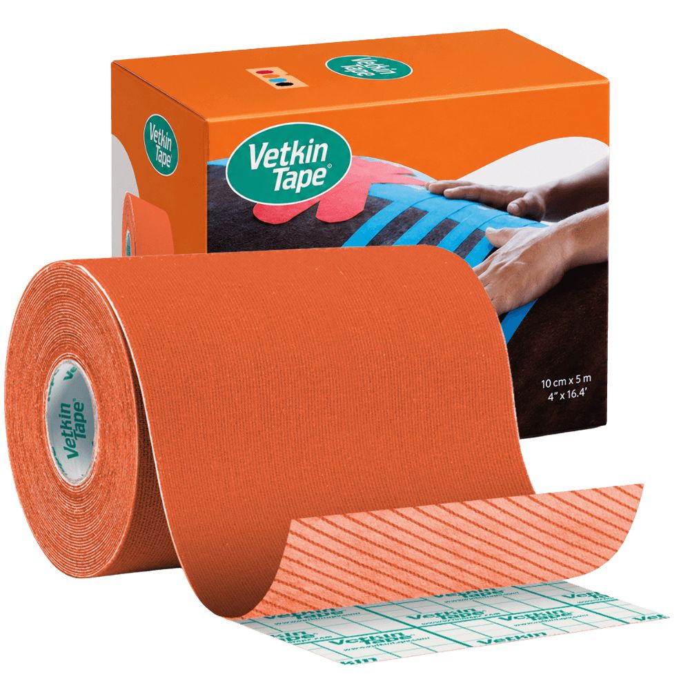 Orange Kinesiotape-Rolle mit Verpackung. Auf der Verpackung ist ein Pferd mit blauem Tape abgebildet.