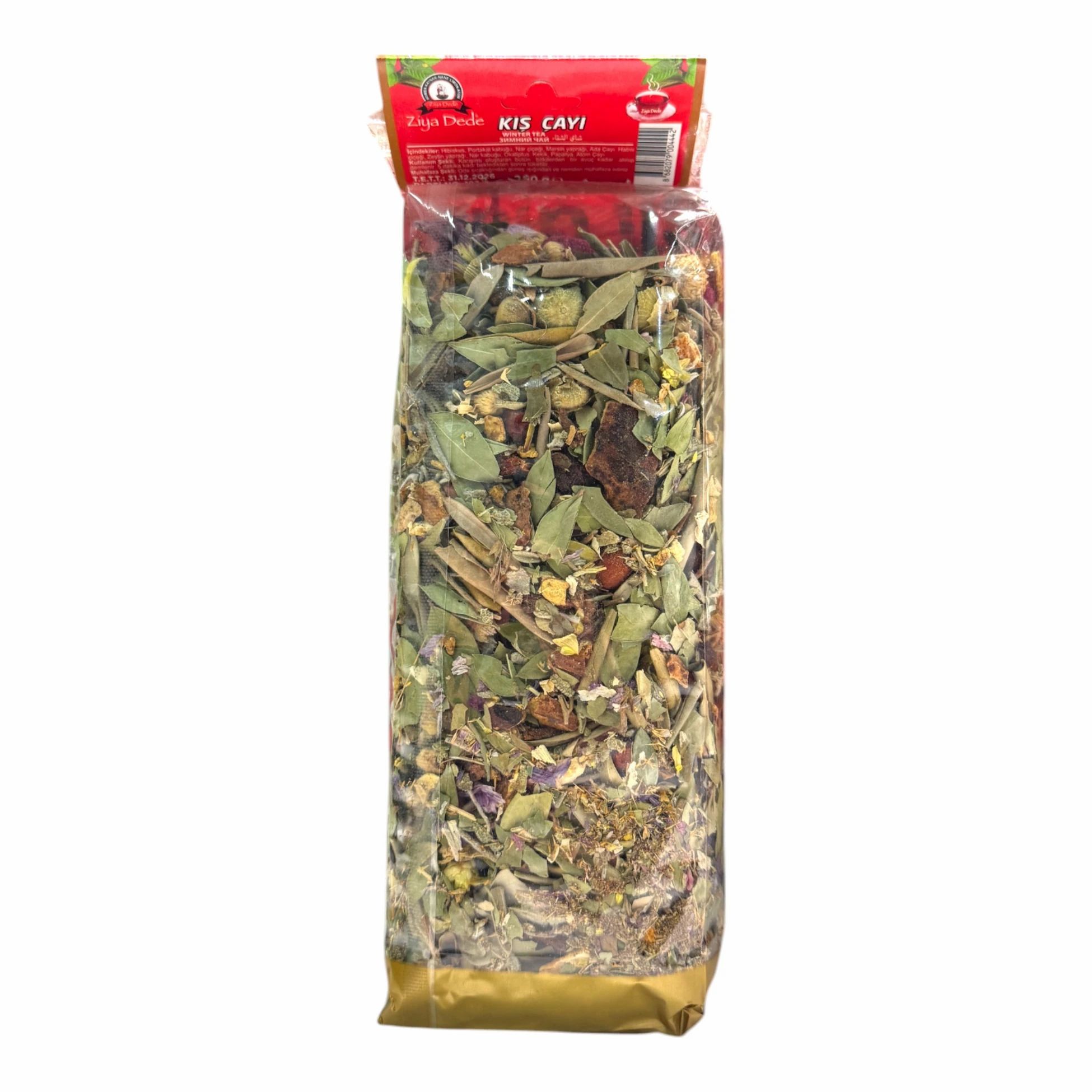 Transparente Verpackung mit Kräutermischung. Oben roter Aufdruck mit Schriftzug. Goldfarbener Boden.