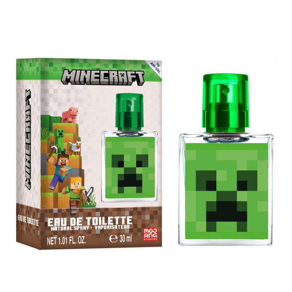 Eau de Toilette mit Minecraft-Design. Flakon mit grünem Sprühkopf und Creeper-Gesicht. Verpackung mit Minecraft-Motiven.
