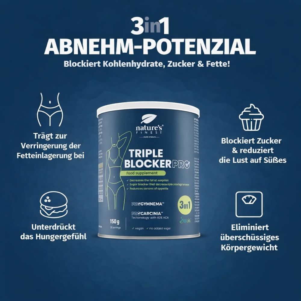 Nature's Finest Triple Blocker PRO Dose mit Zitronen und Blättern. Abnehmsupplement. Text: Gleiche Mahlzeiten = weniger Kalorien!