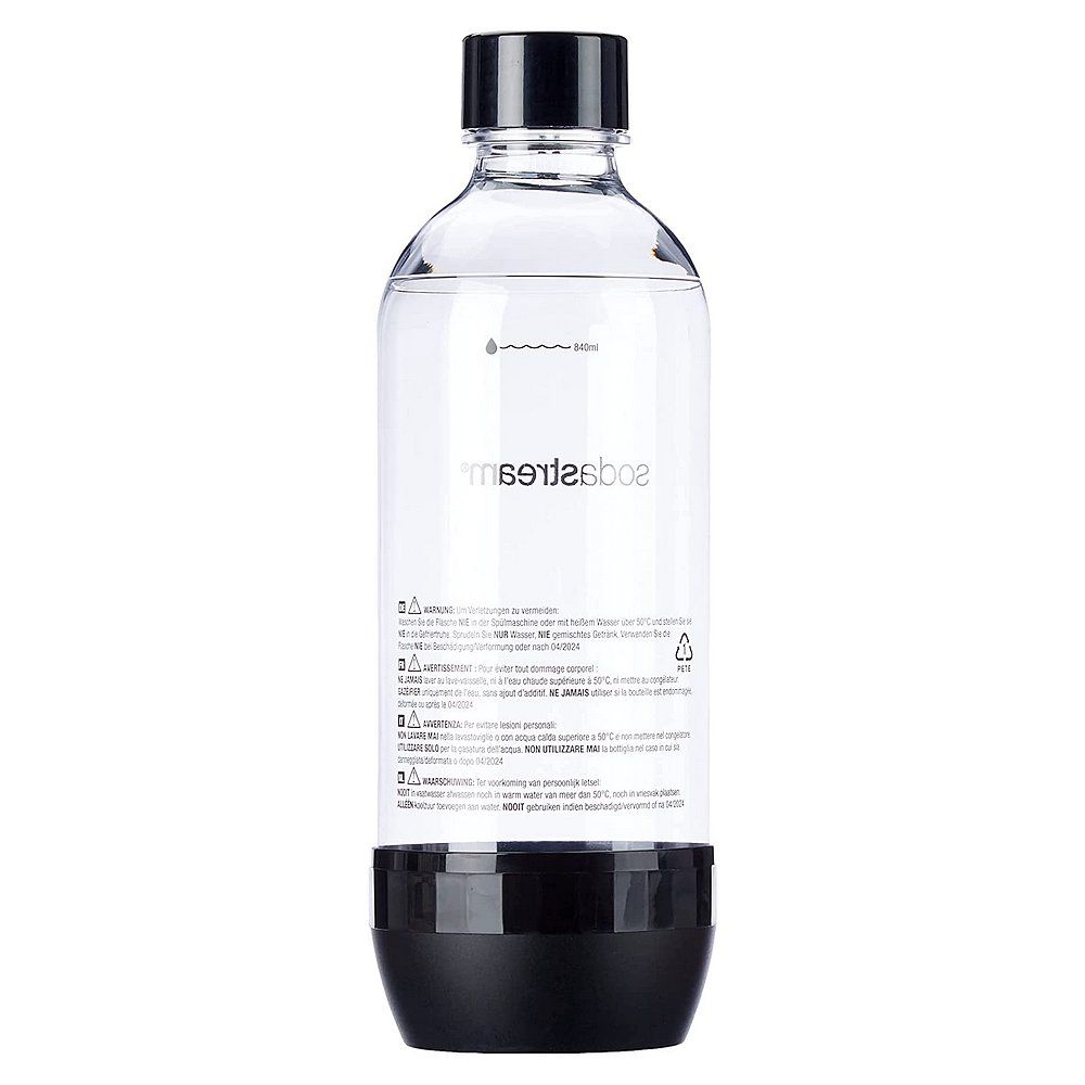 Eine SodaStream PET-Flasche mit schwarzem Boden und Deckel, 1L.