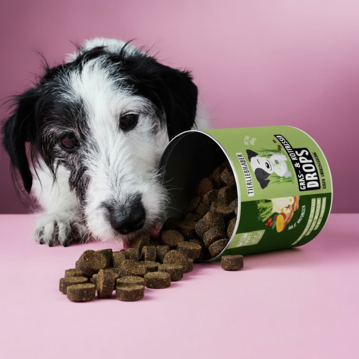 Grüne Dose mit Drops, die aus der Dose fallen. Hund schaut auf die Drops. Aufschrift: Gras- & Kotfresser Drops.