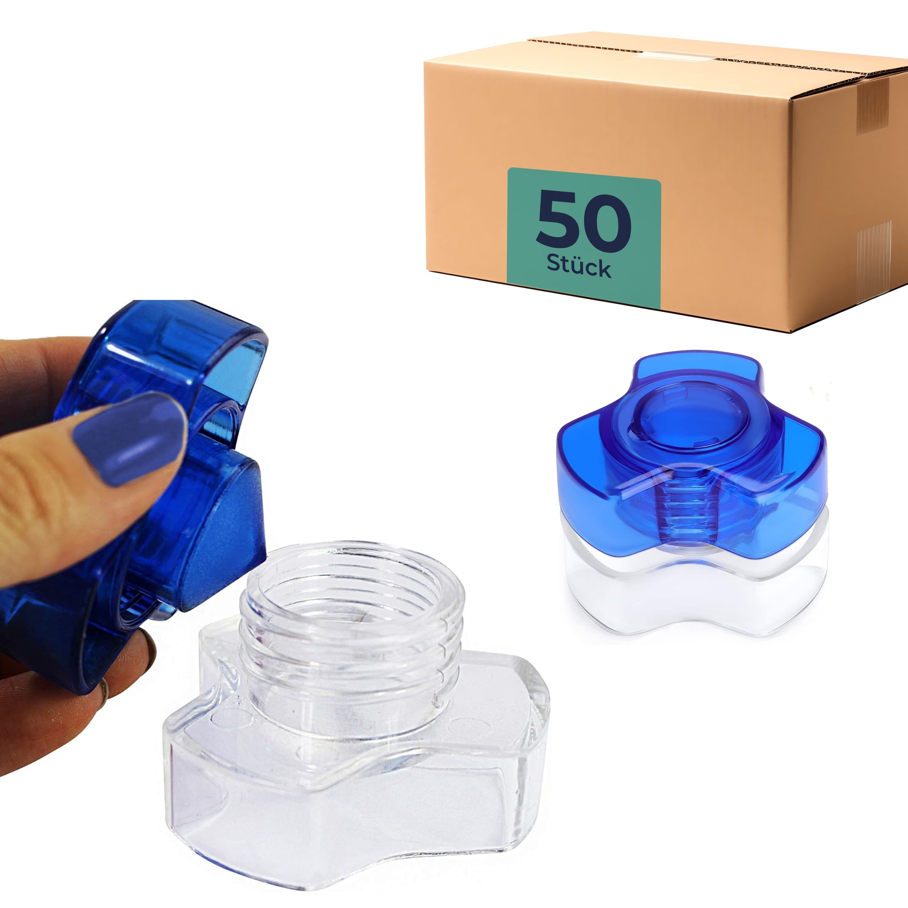 Tablettenmörser, blau-transparent, mit Schraubverschluss. Daneben eine Box mit Aufkleber "50 Stück".