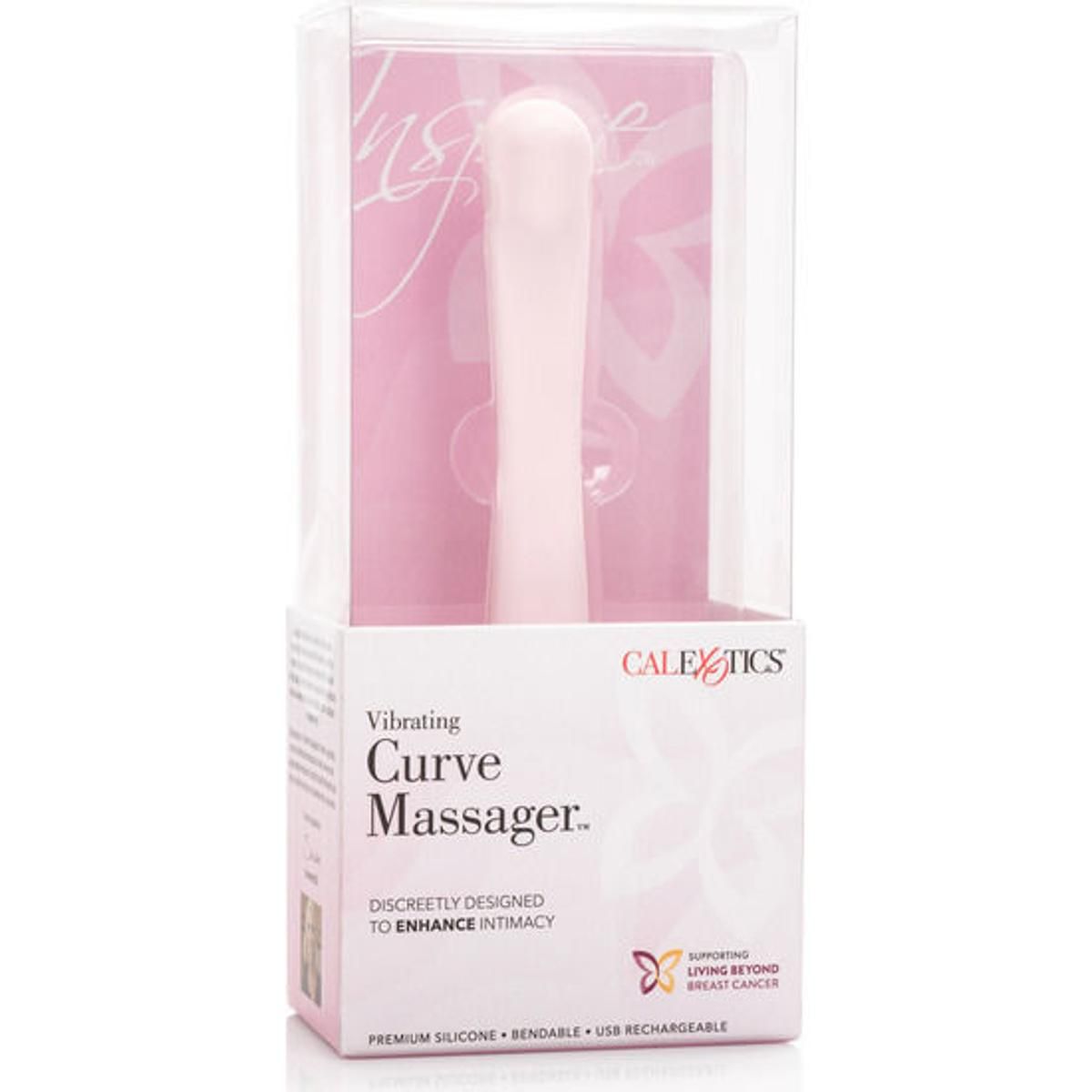 Verpackung mit rosa Massagegerät. Produktname: Curve Massager. Marke: CALEXOTICS. Text: "Discreetly designed to enhance intimacy".