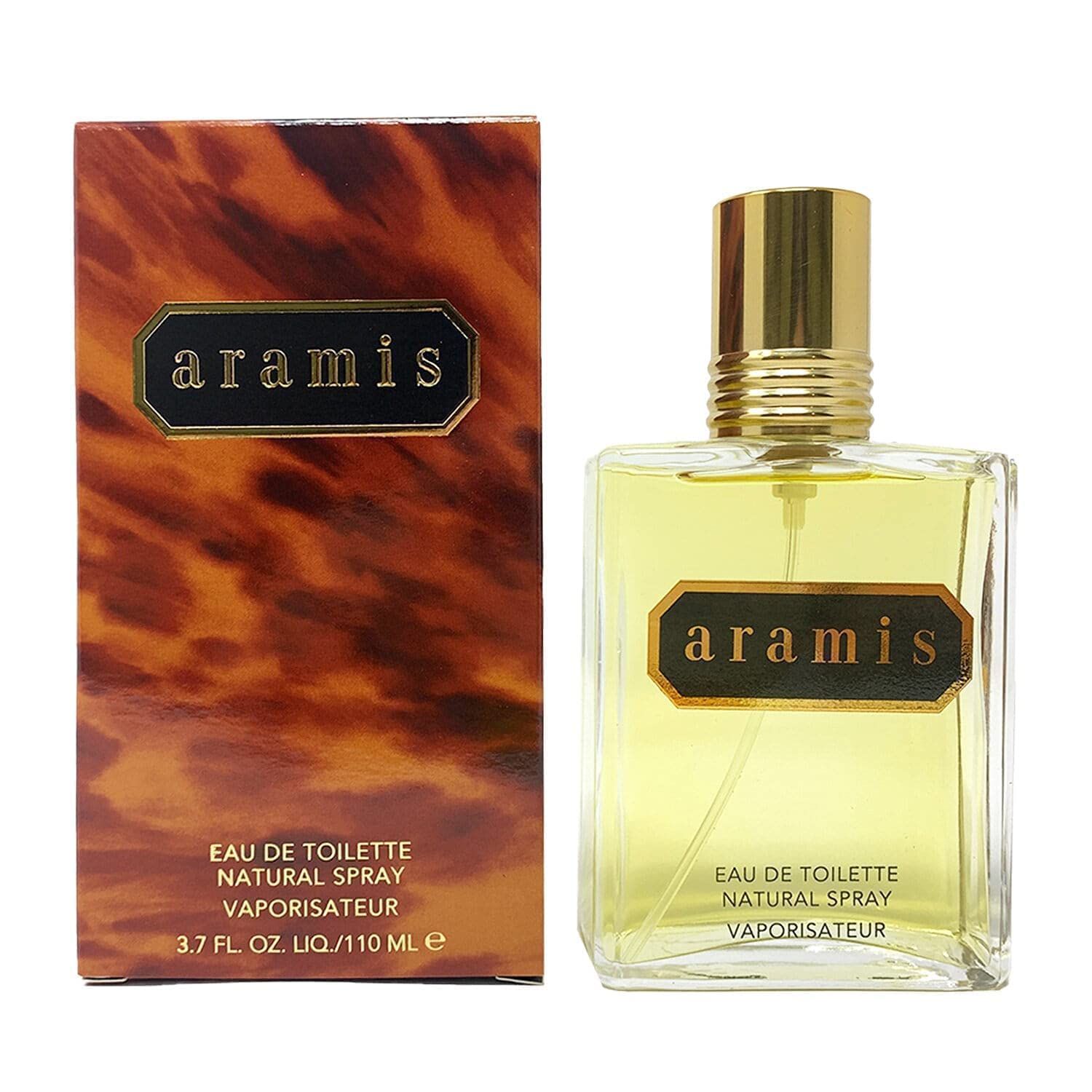 Aramis Classic Edt Spray. Flakon und Schachtel. Goldfarbener Deckel, rechteckiger Flakon, braune Schachtel.