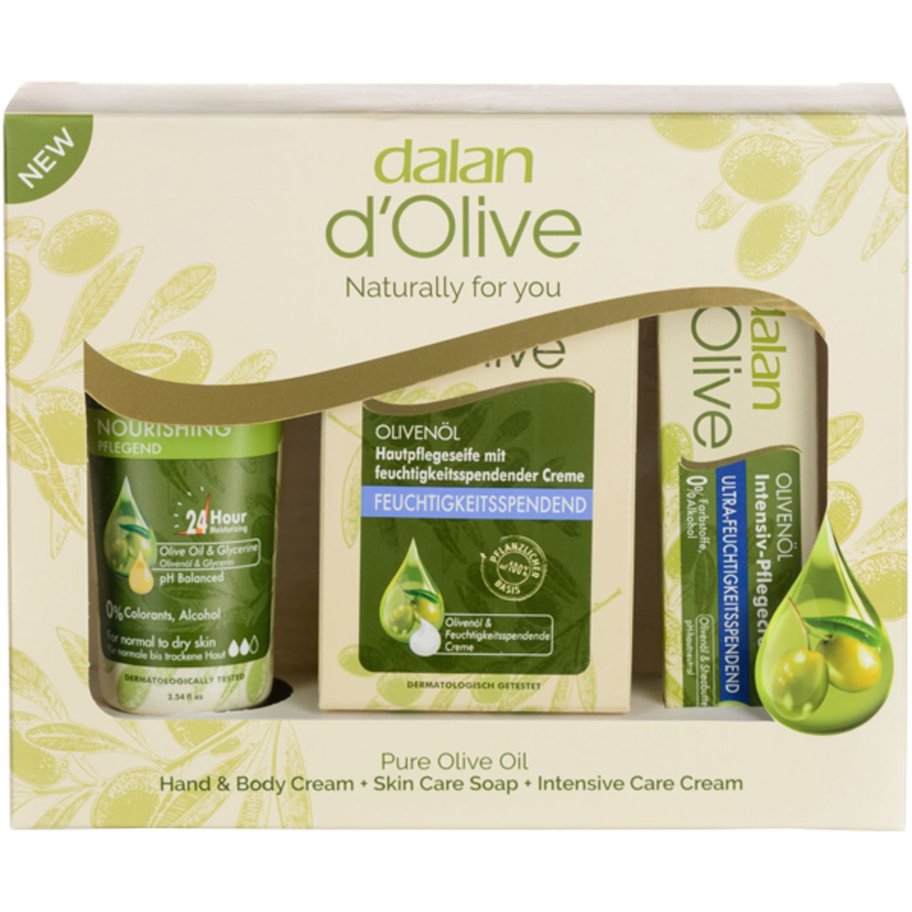 Dalan d'Olive, Geschenkset = Bodylotion 75ml + Feinseife 100g + Intensiv Creme 20ml
